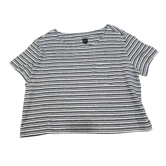 Gap Cropped T-Shirt Women's 2XL White Black Striped Stretch Short Sleeve Pocket‎ - Picture 2 of 7
